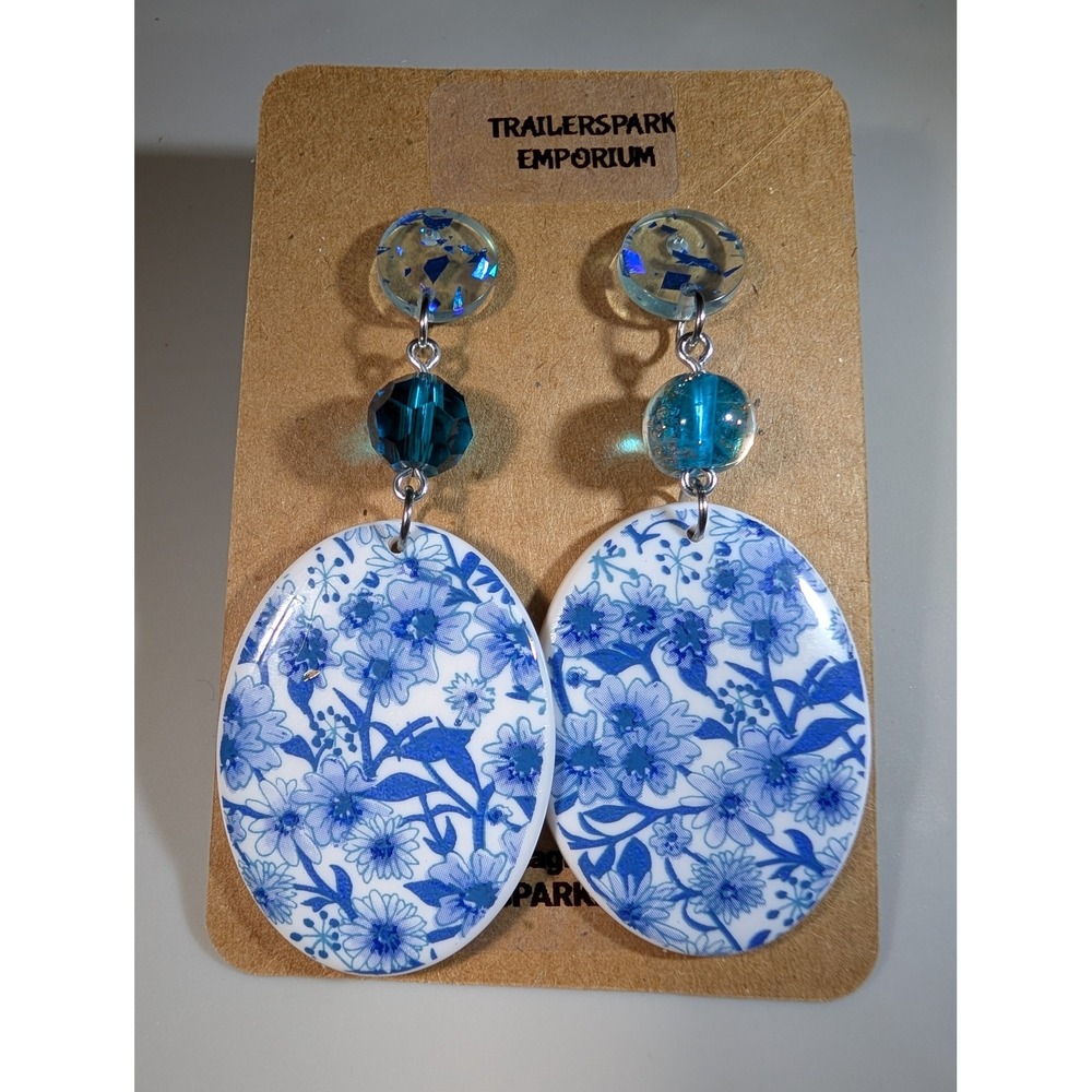 Trailerspark Emporium Blue Floral Resin Drop Earrings Nickel Free Dangle